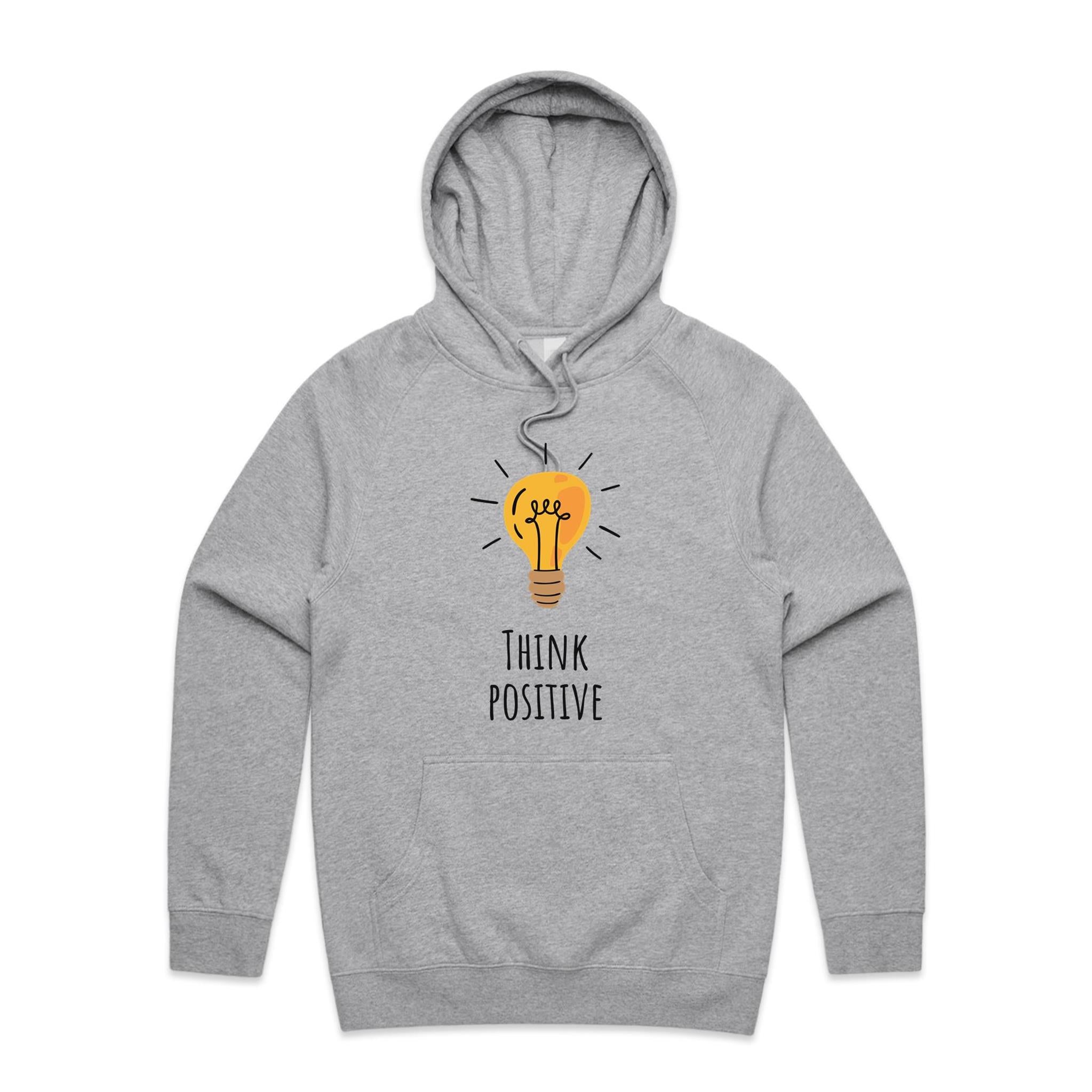 Think Positive, Light Bulb - Mens Hoodie Grey Marle Mens Hoodie Positivity Printed In Australia