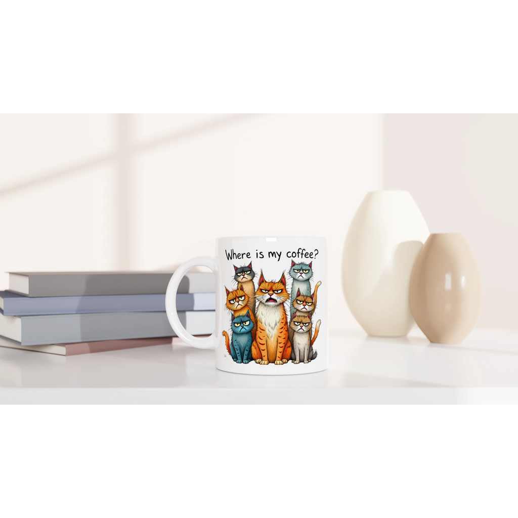 Where Is My Coffee, Cranky Cats - White 11oz Ceramic Mug White 11oz Mug animal Coffee Globally Fulfilled