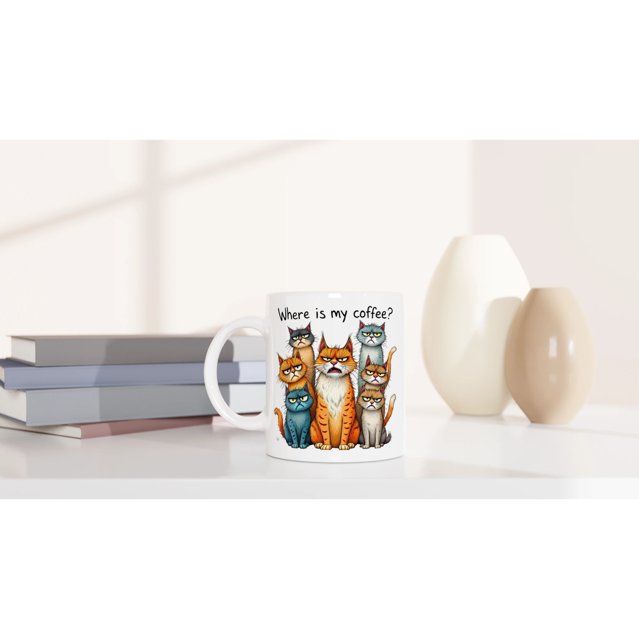 Where Is My Coffee, Cranky Cats - White 11oz Ceramic Mug White 11oz Mug animal Coffee Globally Fulfilled