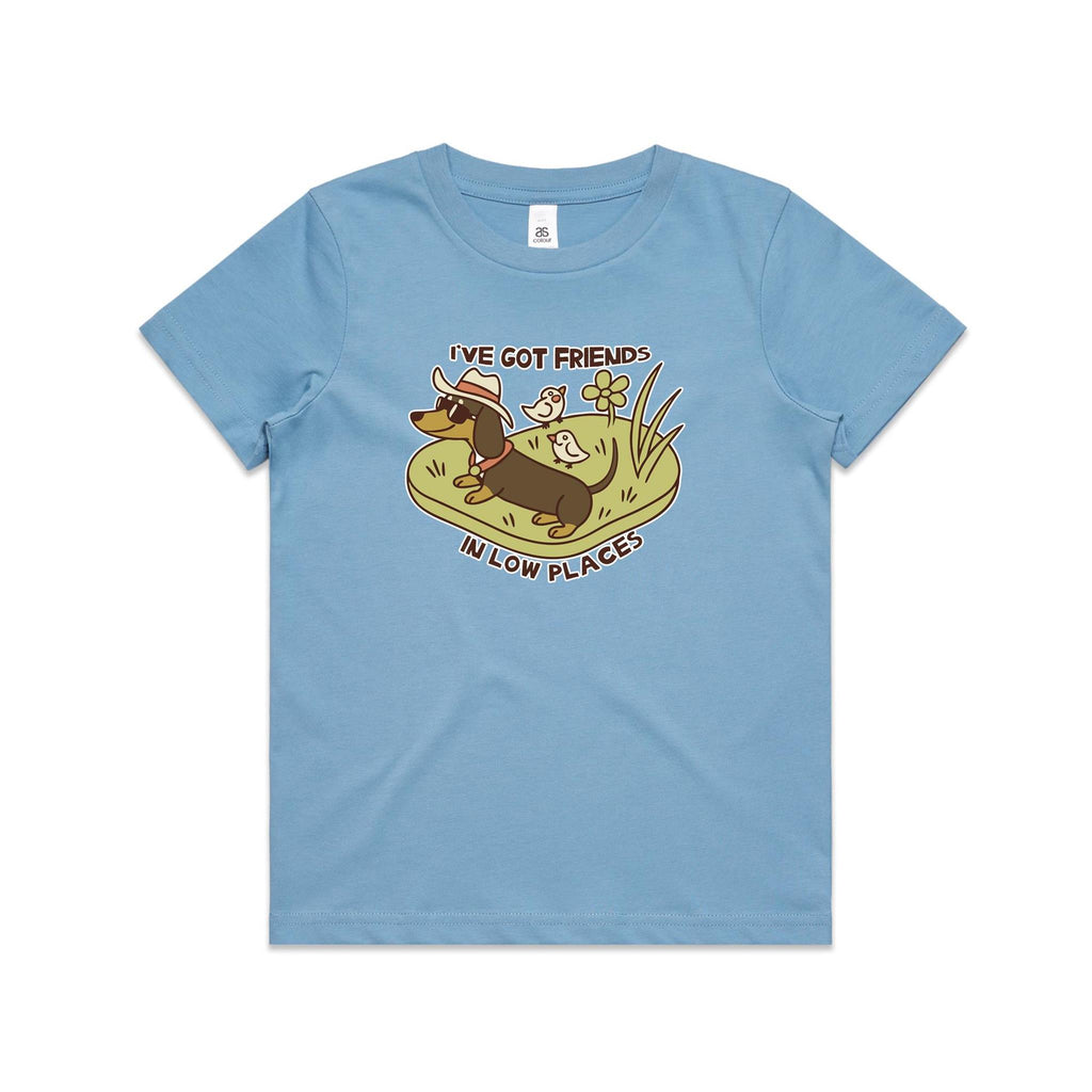 Dachshund, I've Got Friends In Low Places Kid's AS Colour T-shirt Carolina Blue Kids Youth T-shirt animal Printed In Australia