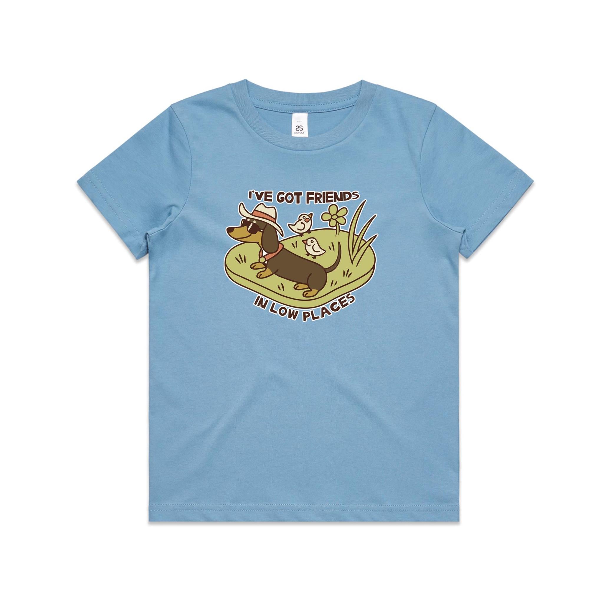 Dachshund, I've Got Friends In Low Places Kid's AS Colour T-shirt Carolina Blue Kids Youth T-shirt animal Printed In Australia