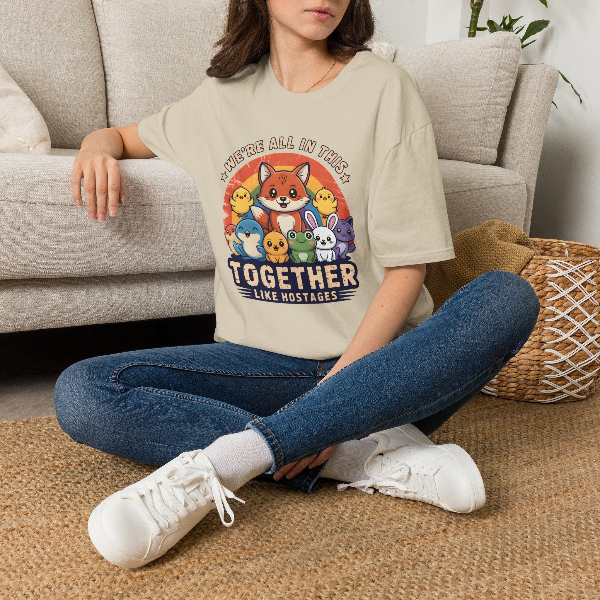 Cute Fox and Animal Friends We're All In This Together Like Hostages Unisex T-Shirt Sand Unisex Adult T-shirt animal Globally Fulfilled