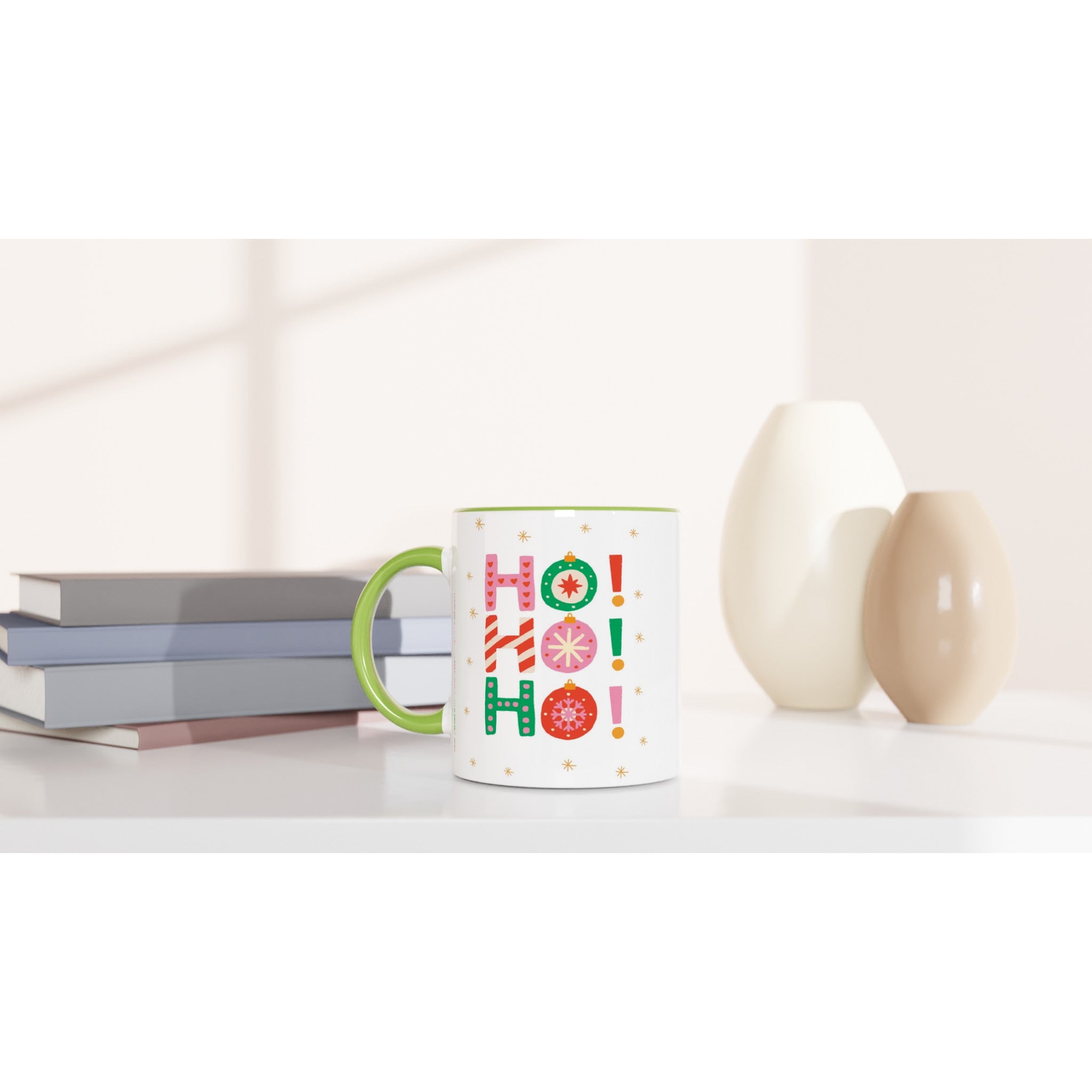Christmas Ho Ho Ho - White 11oz Ceramic Mug with Colour Inside Christmas Colour Mug Christmas Globally Fulfilled