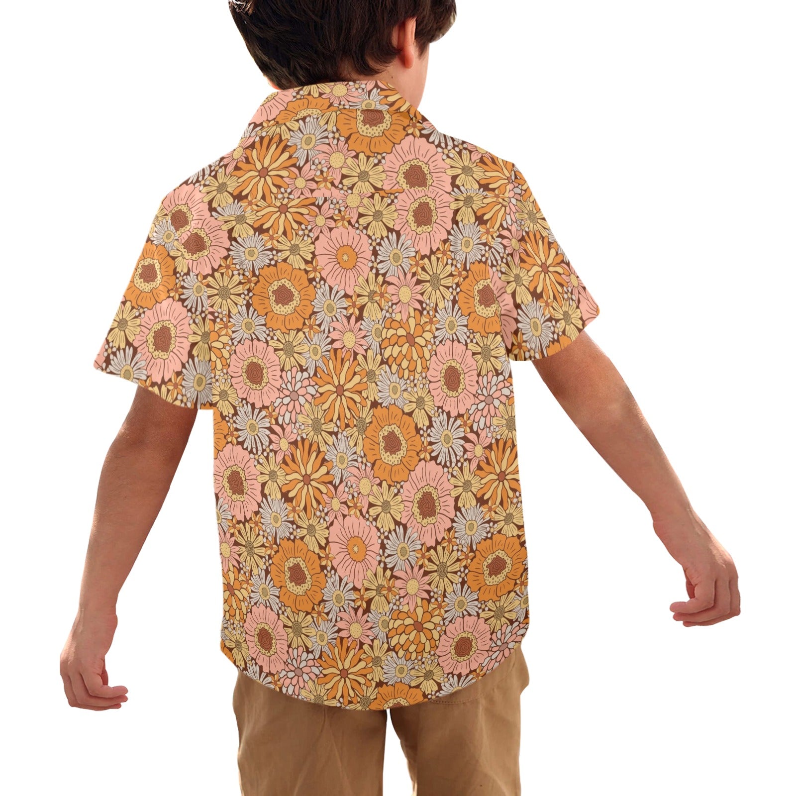 Orange Retro Floral Junior Kids Hawaiian Shirt
