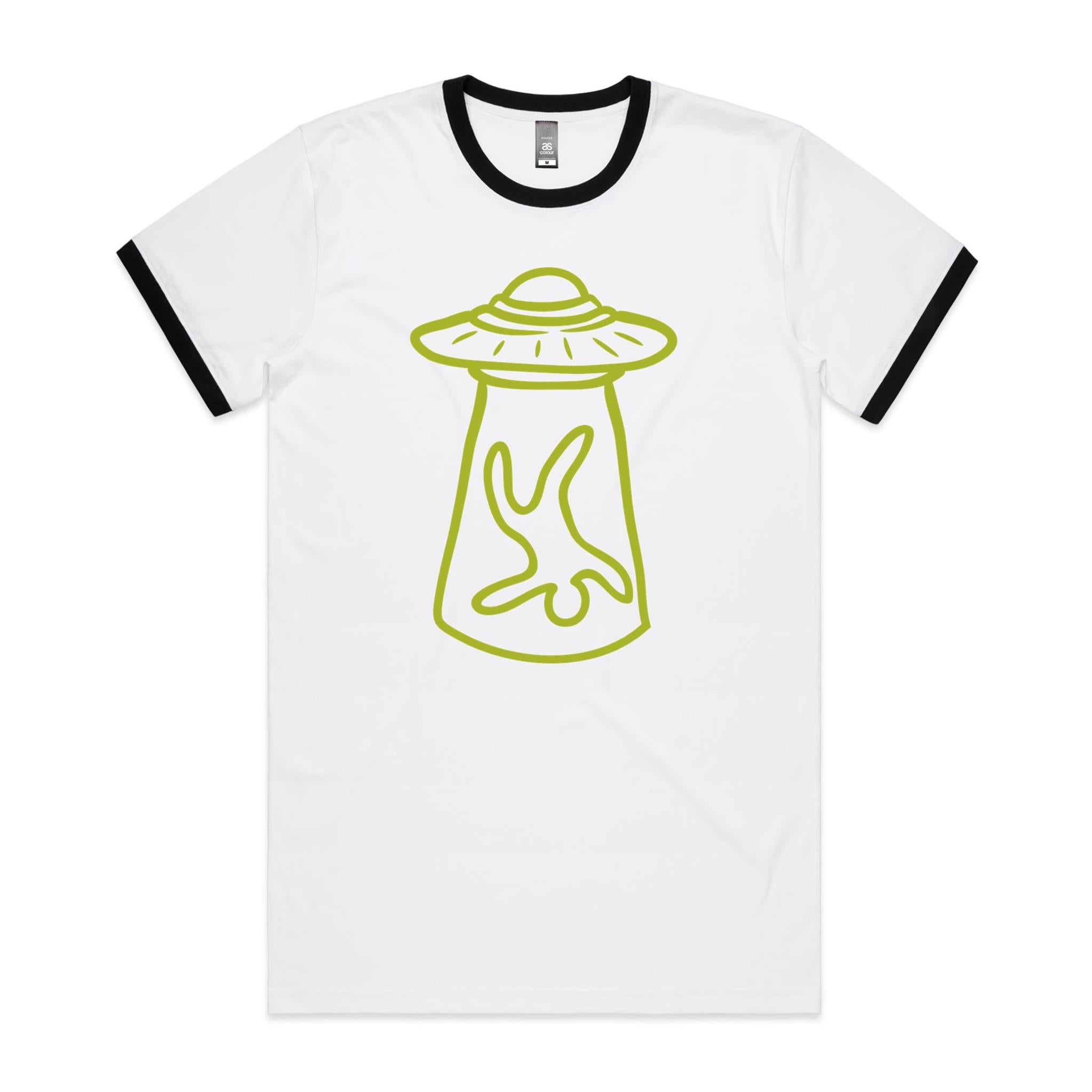 Alien Abduction - AS Colour Staple Ringer Tee White Black Ringer T-Shirt Printed In Australia Sci Fi