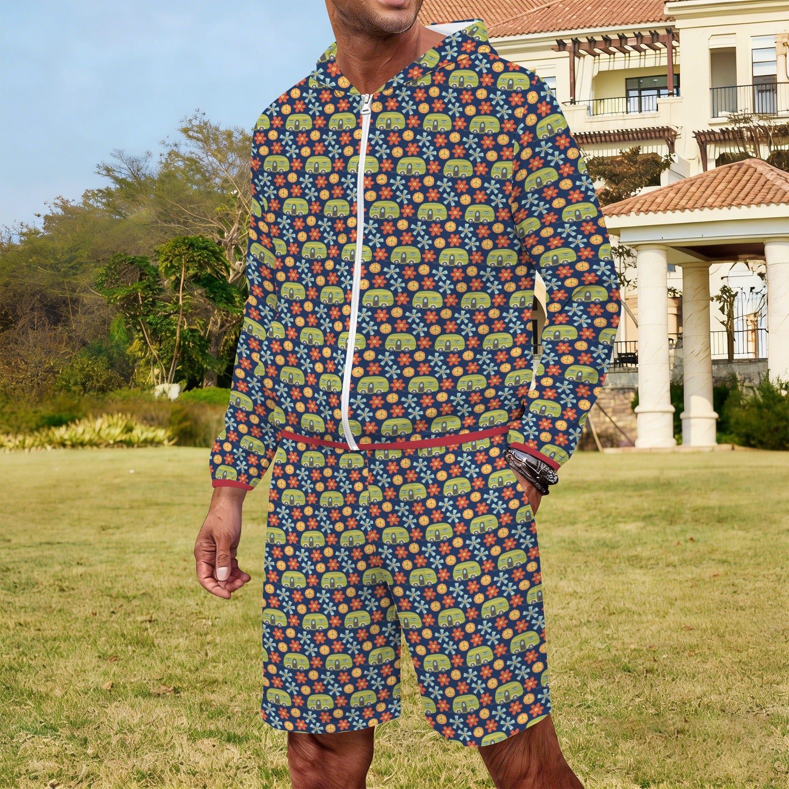 Hippie Caravan Men's Lightweight Sun Hoodie & Shorts Set Men's Lightweight Sun Hoodie & Shorts Printed Offshore Retro