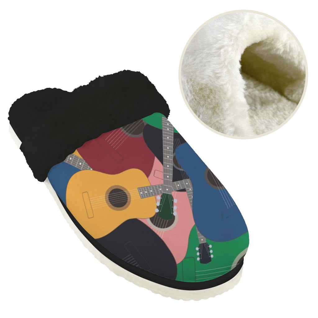 Colourful Guitars Men's Fur Trim Thick-Sole Indoor Slippers Men's Fur Trimmed Slippers Music Printed Offshore