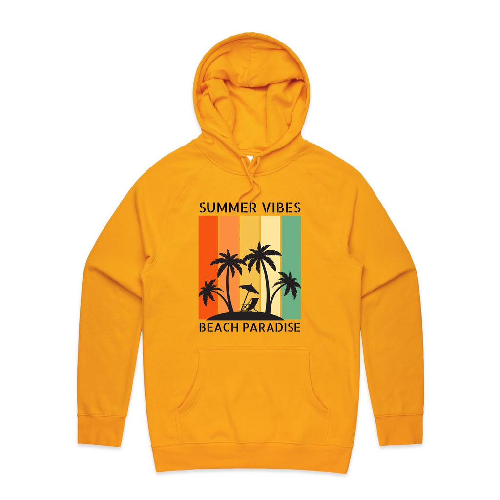 Summer Vibes, Beach Paradise - Mens Hoodie Gold Mens Hoodie Printed In Australia Summer Surf