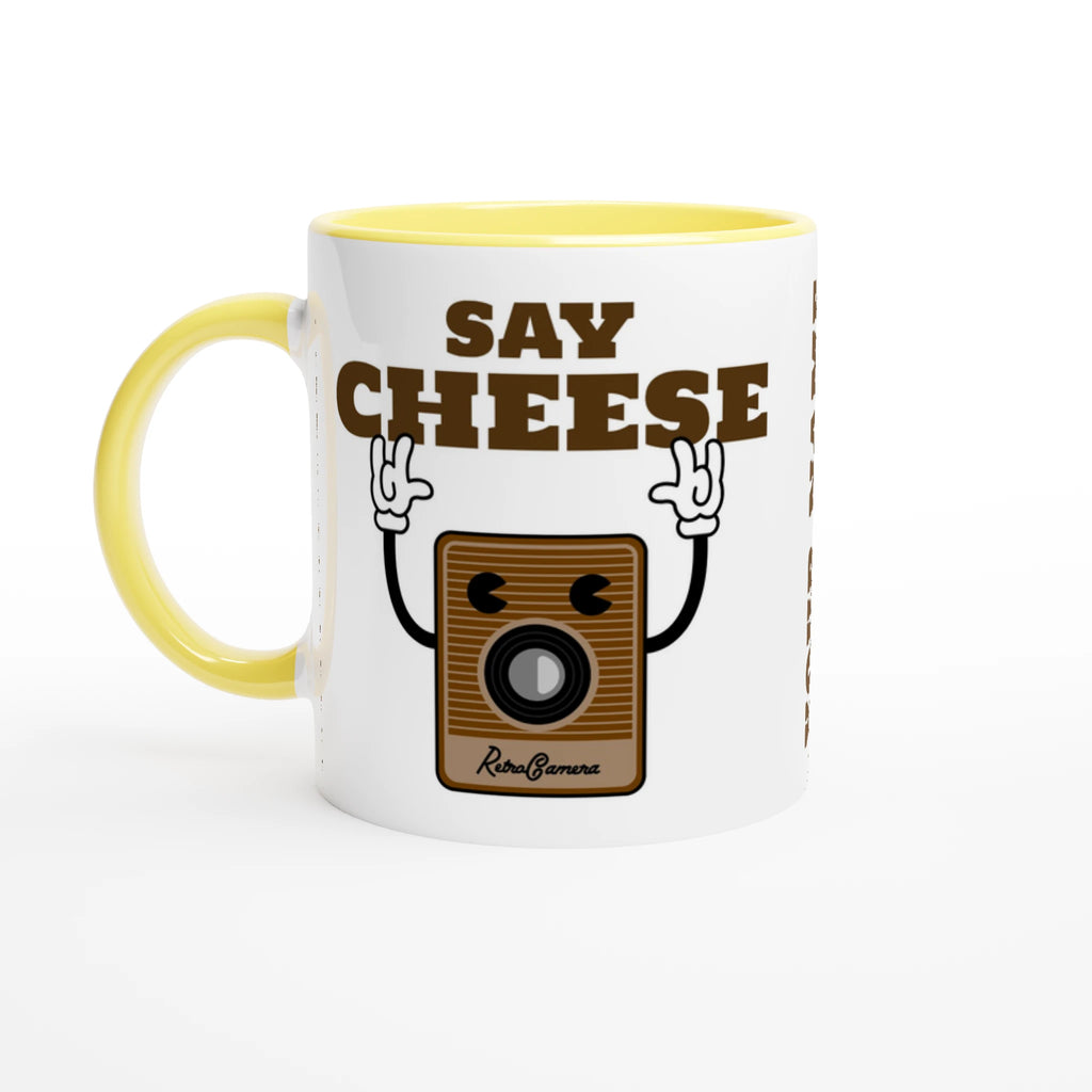 Personalised - Say Cheese, Retro Camera - White 11oz Ceramic Mug with Colour Inside Ceramic Yellow Personalised 11oz Mug customise Globally Fulfilled personalise Retro Tech