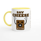Personalised - Say Cheese, Retro Camera - White 11oz Ceramic Mug with Colour Inside Ceramic Yellow Personalised 11oz Mug customise Globally Fulfilled personalise Retro Tech