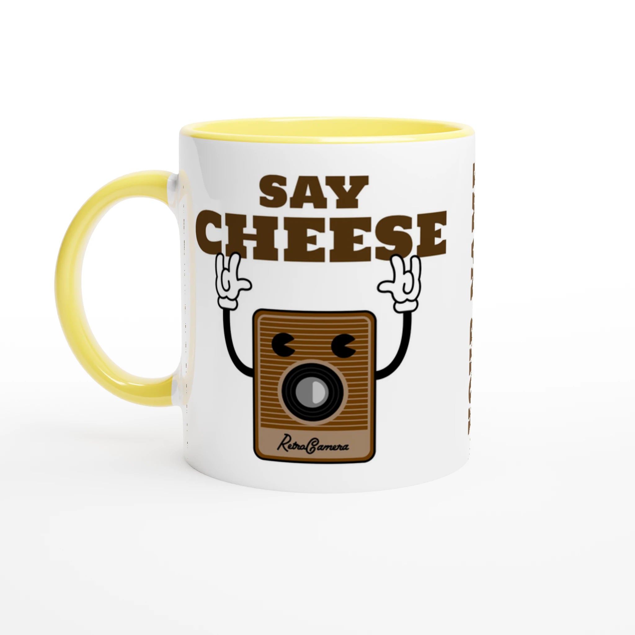 Personalised - Say Cheese, Retro Camera - White 11oz Ceramic Mug with Colour Inside Ceramic Yellow Personalised 11oz Mug customise Globally Fulfilled personalise Retro Tech