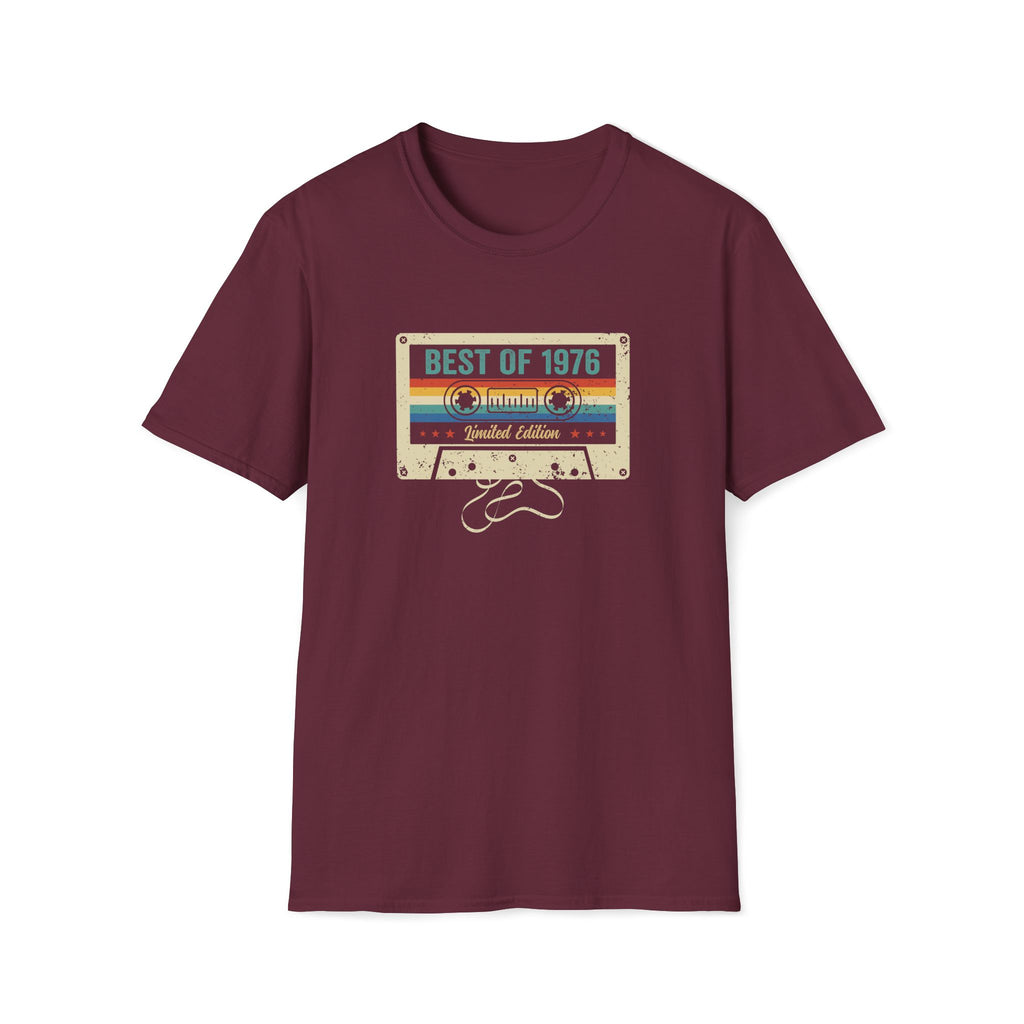 Turning 50, Best Of 1976, Cassette Tape Unisex Softstyle T-Shirt Maroon Unisex Adult T-shirt Australian Printer Birthday Music Retro