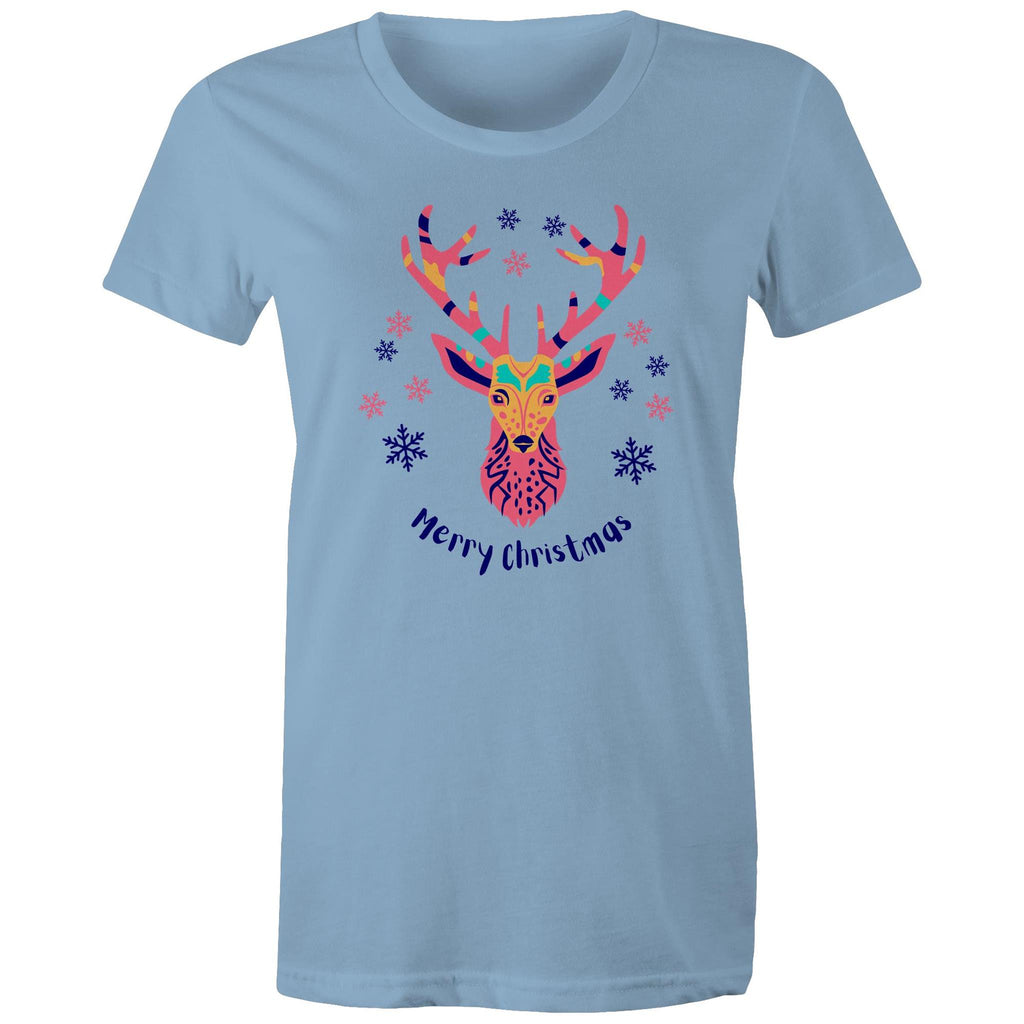 Merry Christmas Deer - Womens T-shirt Carolina Blue Womens Christmas T-shirt Christmas Printed In Australia