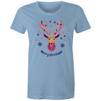 Merry Christmas Deer - Womens T-shirt Carolina Blue Womens Christmas T-shirt Christmas Printed In Australia