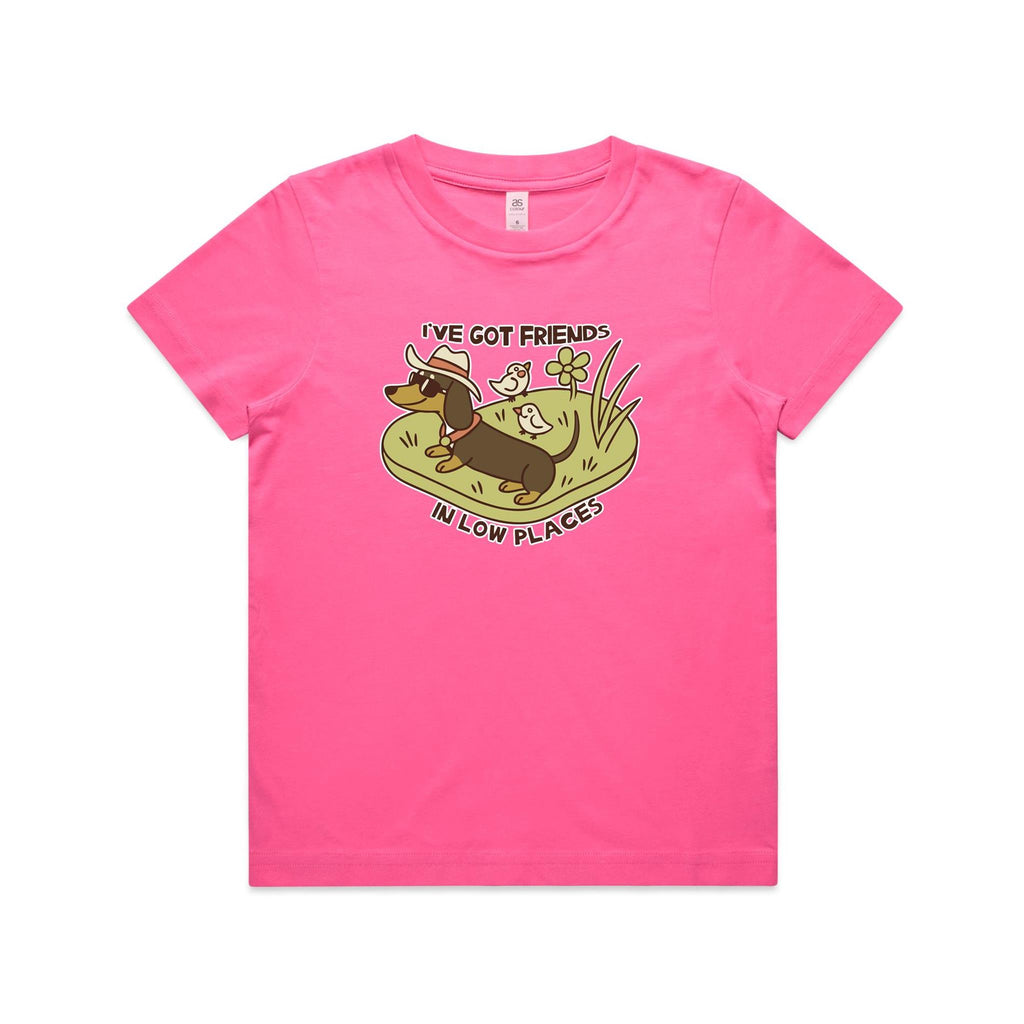 Dachshund, I've Got Friends In Low Places Kid's AS Colour T-shirt Charity pink Kids Youth T-shirt animal Printed In Australia