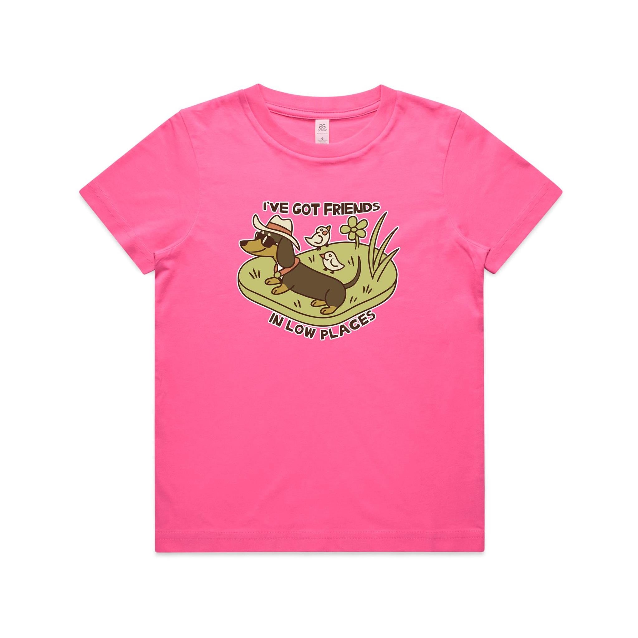 Dachshund, I've Got Friends In Low Places Kid's AS Colour T-shirt Charity pink Kids Youth T-shirt animal Printed In Australia