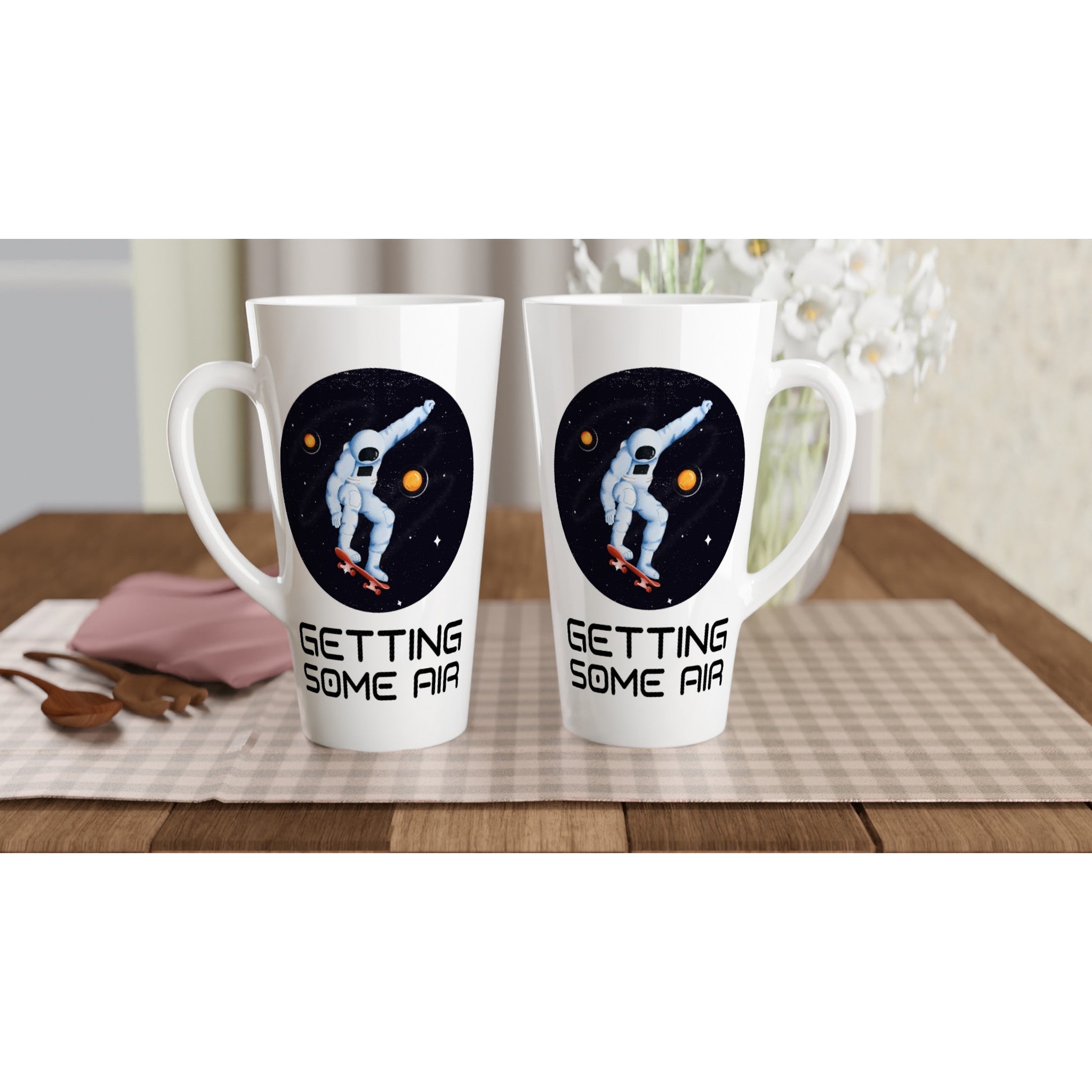Astronaut Skateboard, Getting Some Air - White Latte 17oz Ceramic Mug Latte Mug Globally Fulfilled Space