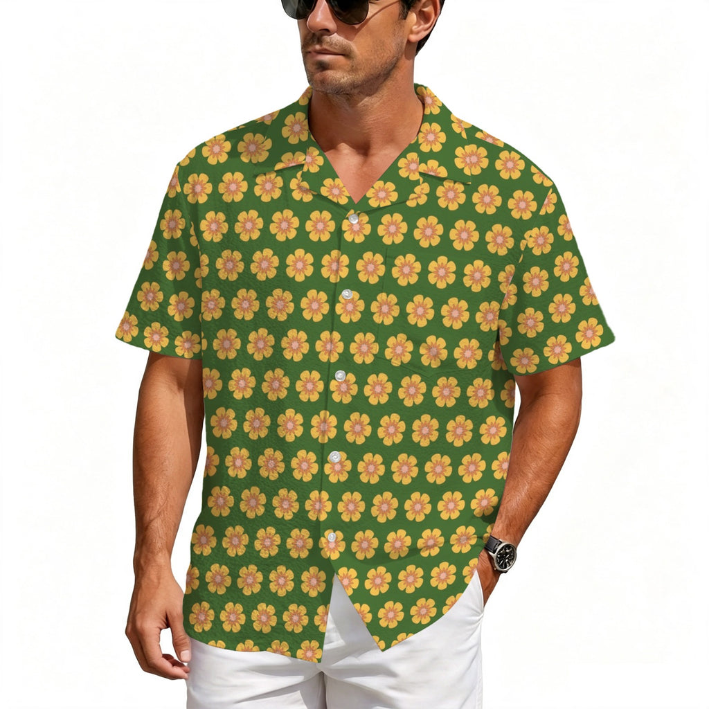 Yellow Flowers On Green Men's Crinkle Hawaiian Shirt