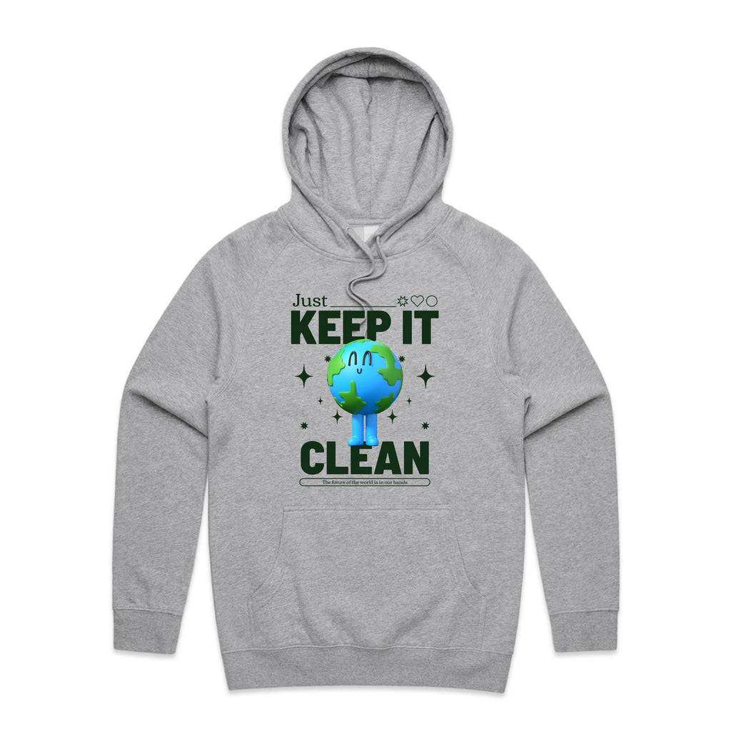 Earth, Just Keep It Clean - Mens Hoodie Grey Marle Mens Hoodie Environment Printed In Australia