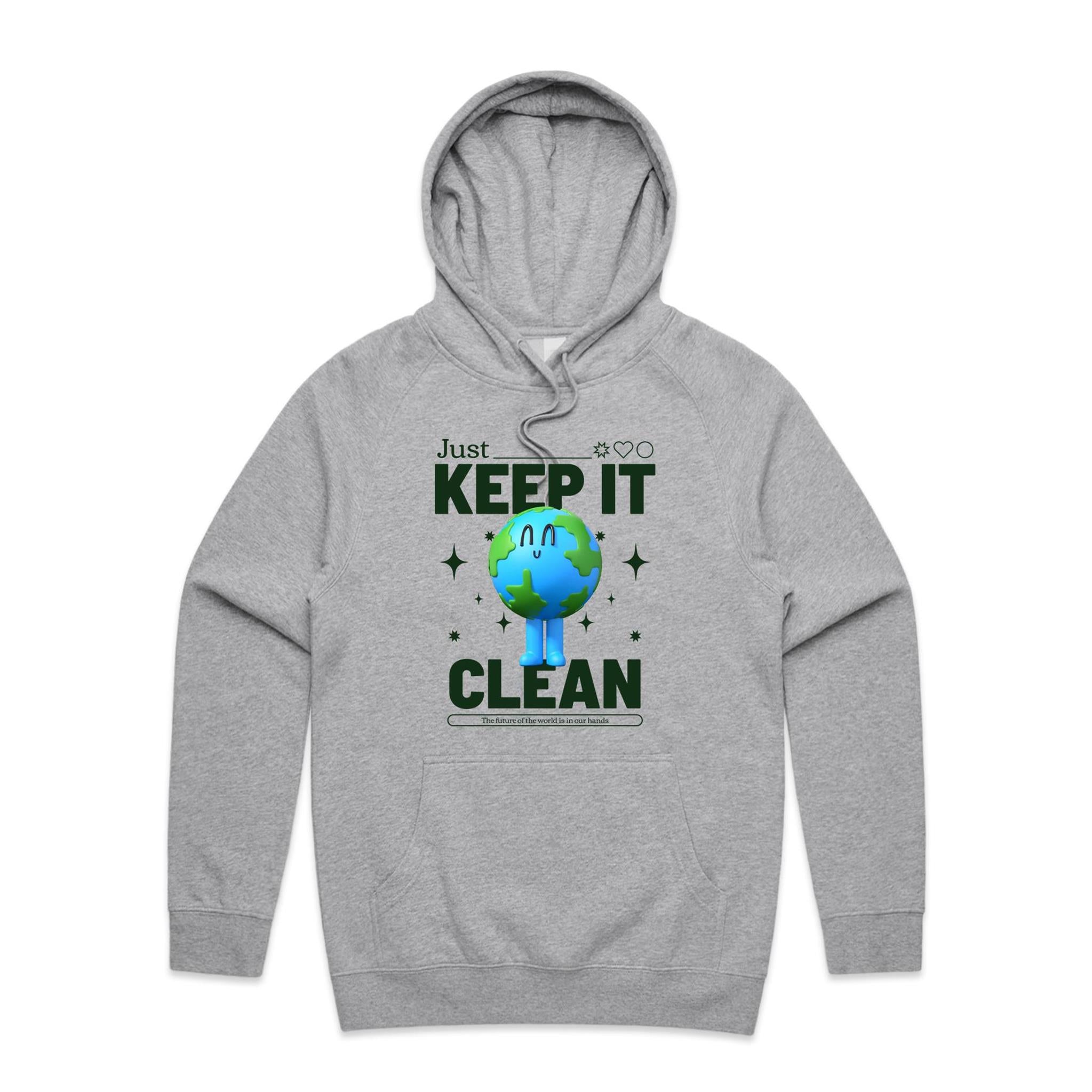 Earth, Just Keep It Clean - Mens Hoodie Grey Marle Mens Hoodie Environment Printed In Australia
