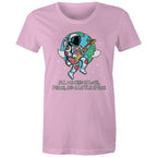 Astronaut, All We Need Is Love, Peace And A Little Space - Womens T-shirt Pink Womens T-shirt Music Printed In Australia Space