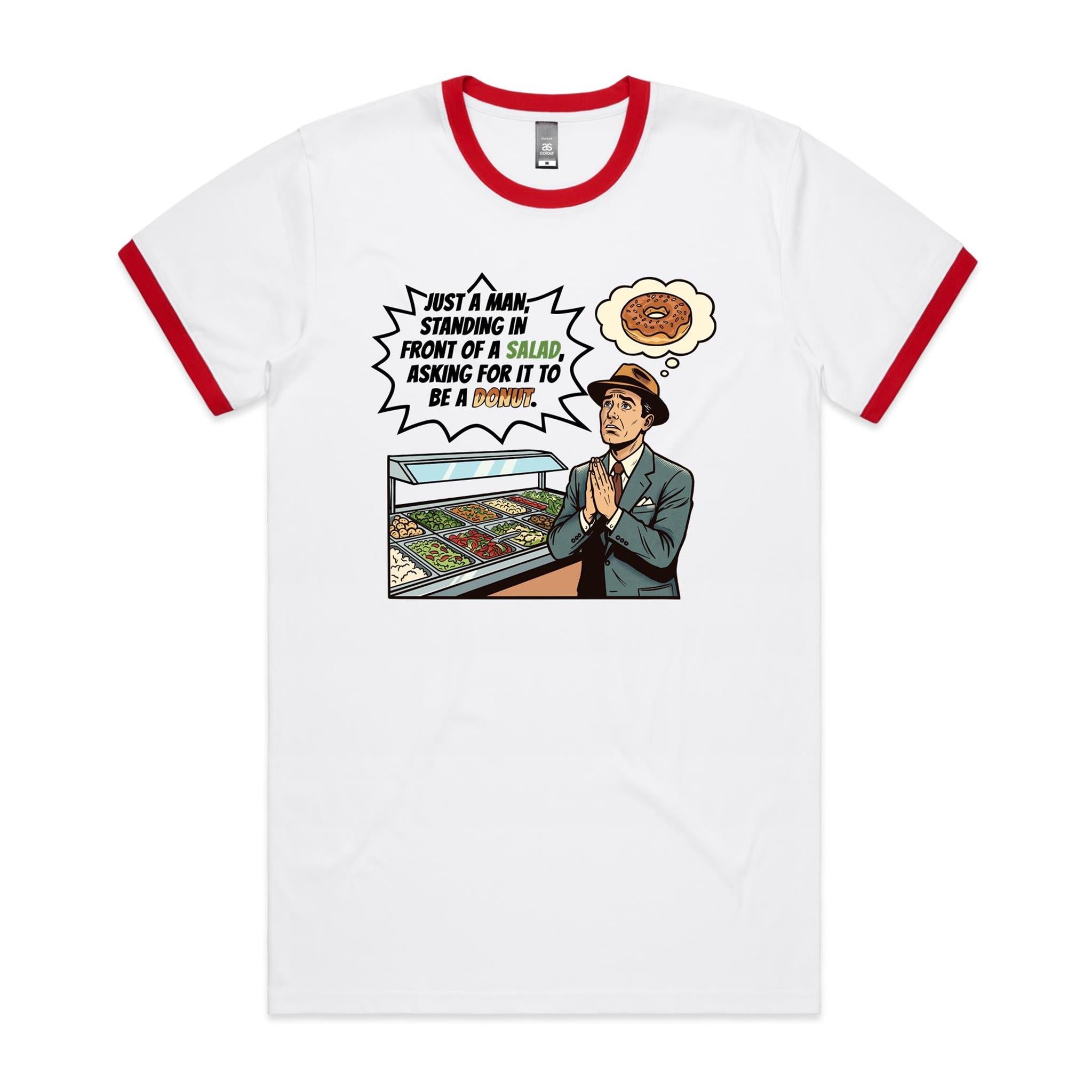Just A Man Standing In Front Of A Salad Men's AS Colour Ringer Tee White Red Ringer T-Shirt Food Printed In Australia