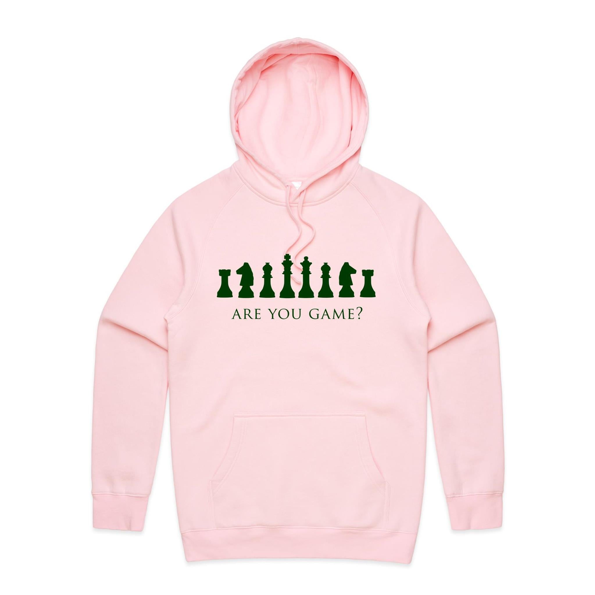 Are You Game, Chess - Mens Hoodie Pink Mens Hoodie Chess Games Printed In Australia
