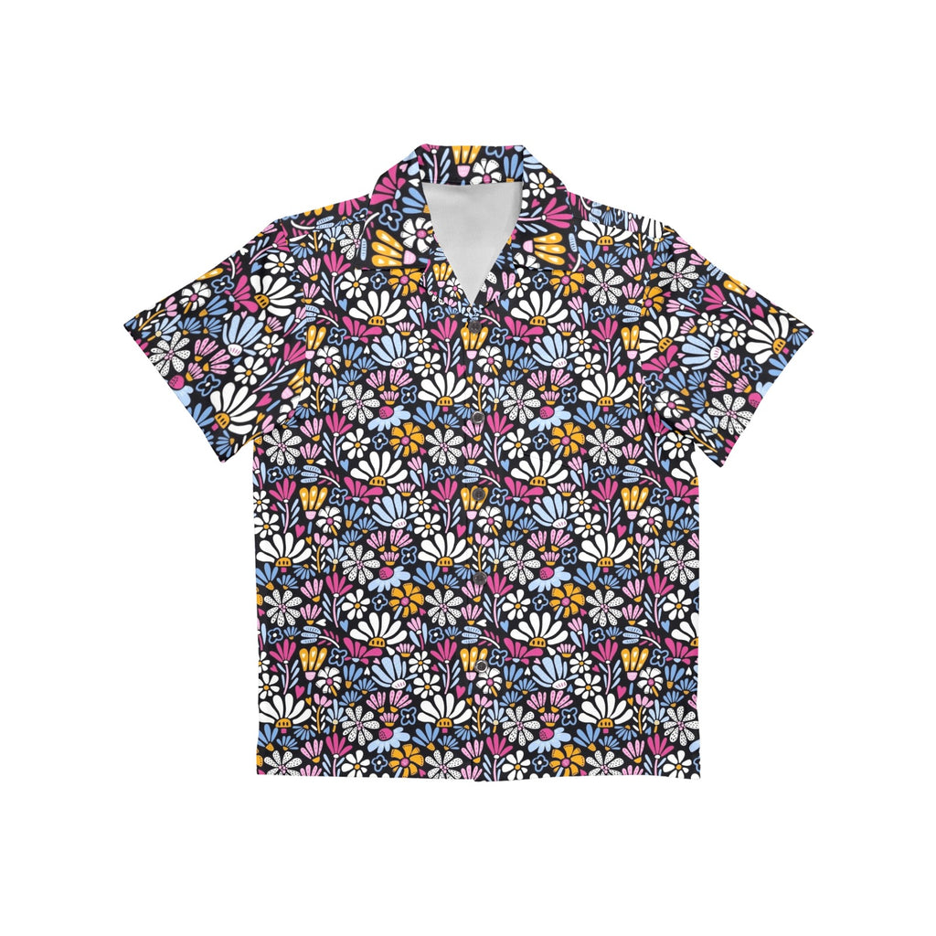 Graphic Flowers On Black Junior Kids Hawaiian Shirt