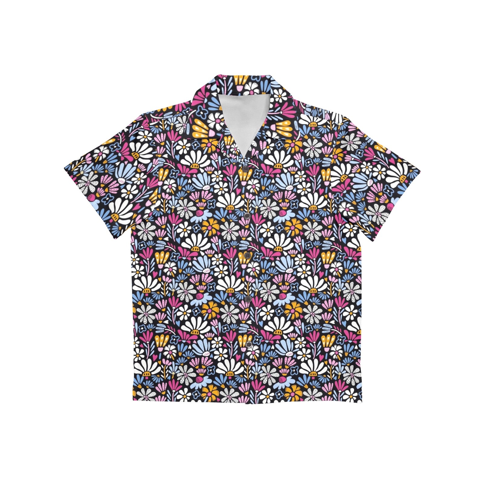 Graphic Flowers On Black Junior Kids Hawaiian Shirt