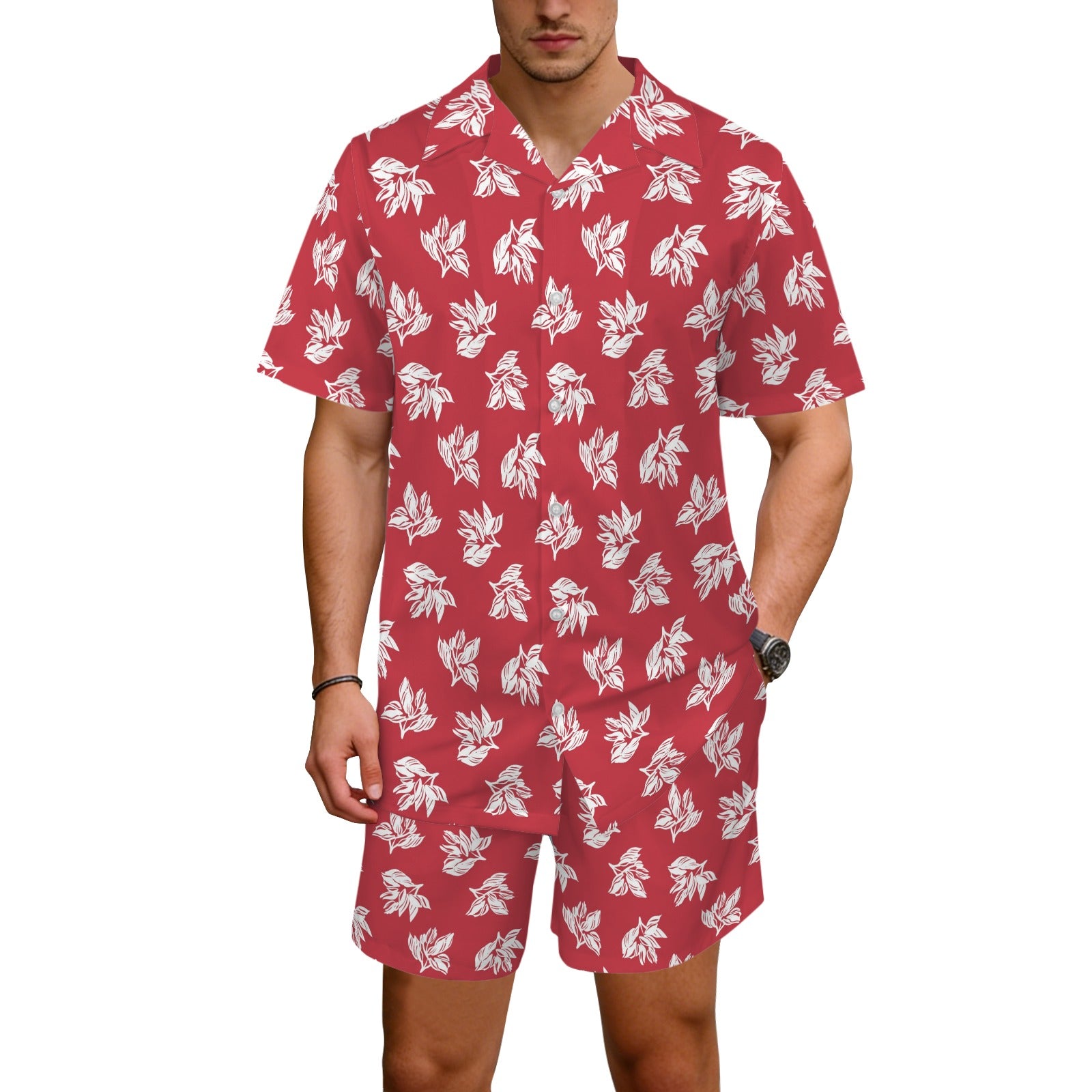 Red Retro Foliage - Men's Hawaiian Shirt & Shorts Set