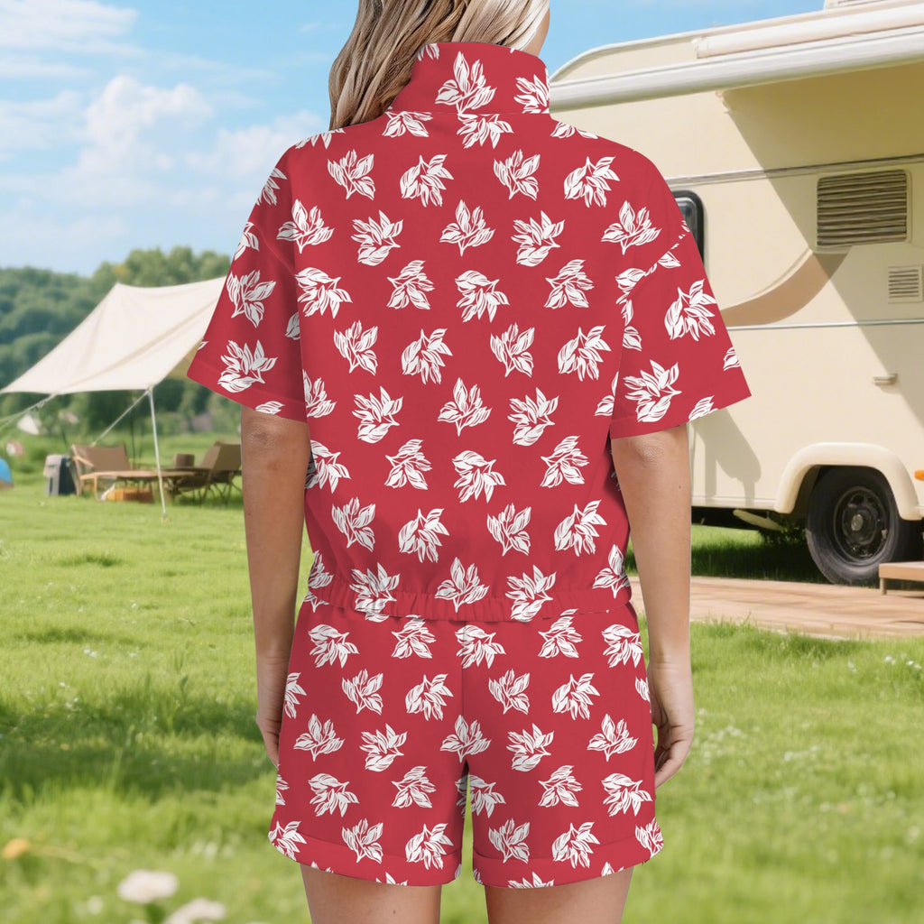 Red Retro Foliage Women's Windbreaker Short Set Women's Windbreaker Short Set Plants Printed Offshore