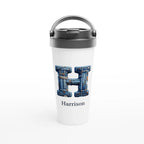 Blue Denim Initial - White 15oz Stainless Steel Travel Mug Default Title Personalised Travel Mug customise Globally Fulfilled Initial Name personalise