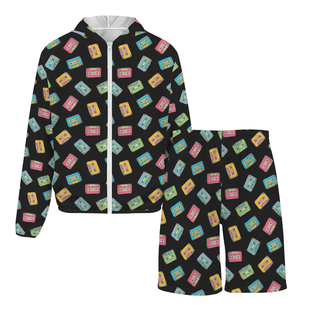 Colourful Cassettes Men's Lightweight Sun Hoodie & Shorts Set Men's Lightweight Sun Hoodie & Shorts Music Printed Offshore Retro