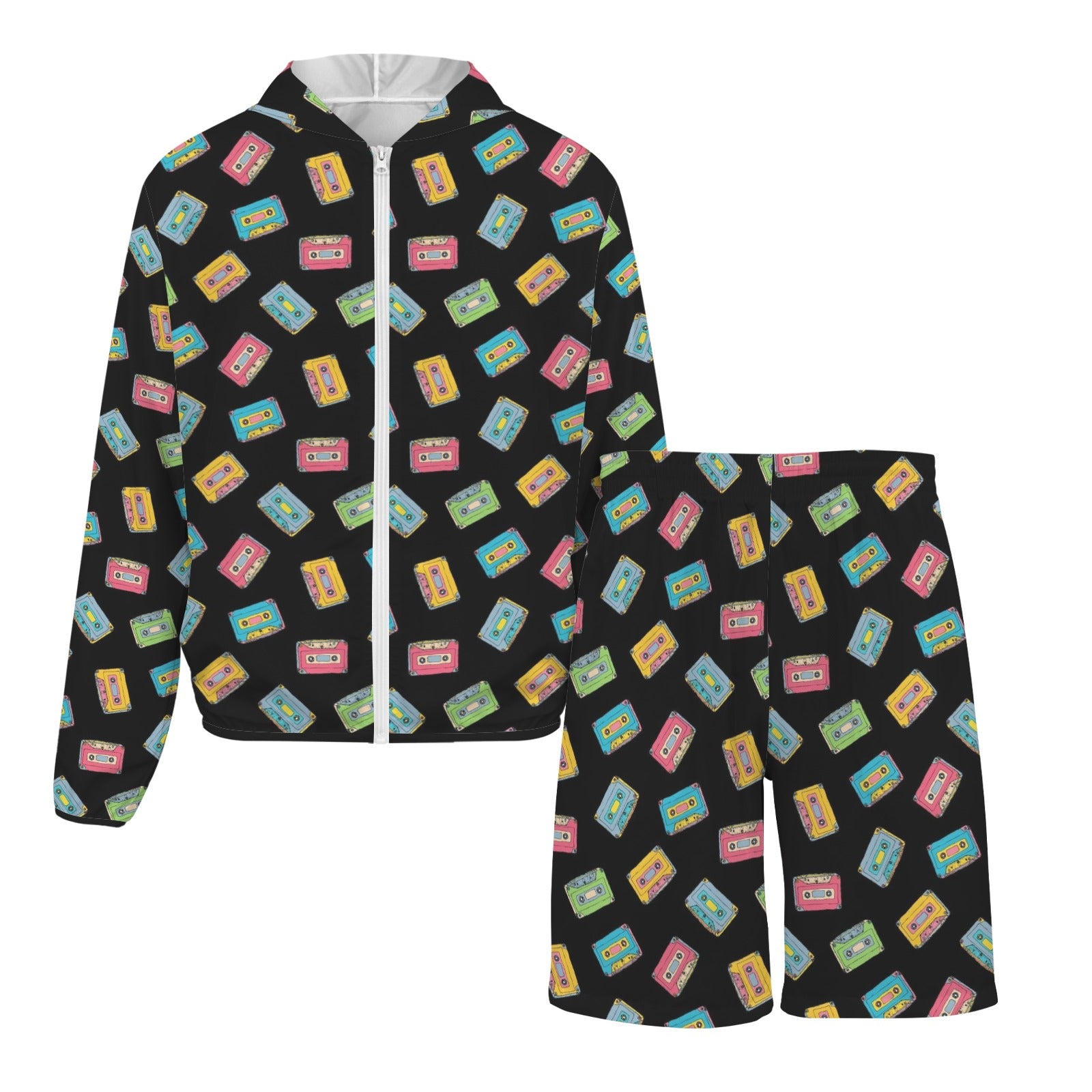 Colourful Cassettes Men's Lightweight Sun Hoodie & Shorts Set Men's Lightweight Sun Hoodie & Shorts Music Printed Offshore Retro