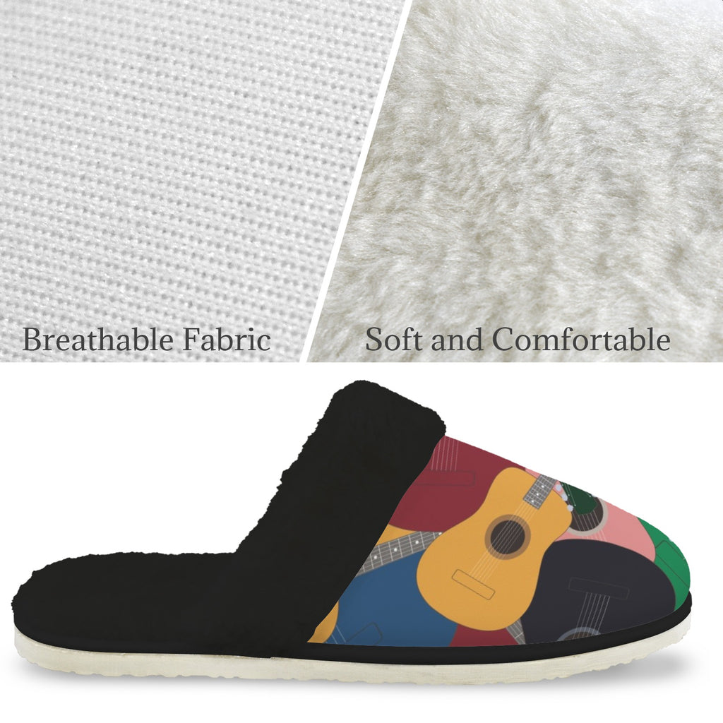 Colourful Guitars Men's Fur Trim Thick-Sole Indoor Slippers Men's Fur Trimmed Slippers Music Printed Offshore