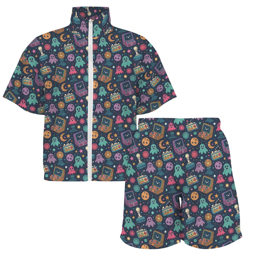 Space Arcade Women's Windbreaker Short Set Women's Windbreaker Short Set Games Printed Offshore Retro Space