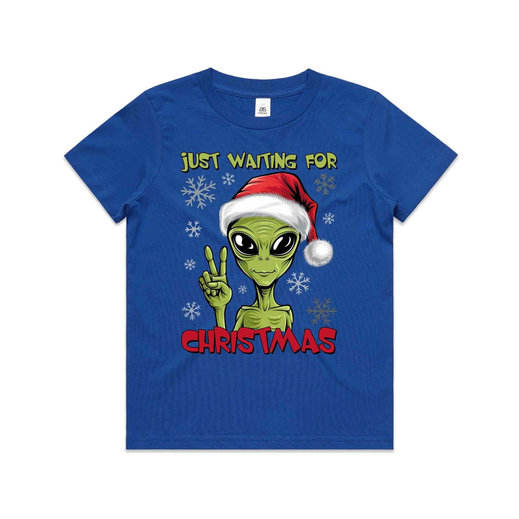 Just Waiting For Christmas, Alien - Kids Youth T-shirt Bright Royal Kids Christmas T-shirt Christmas Printed In Australia