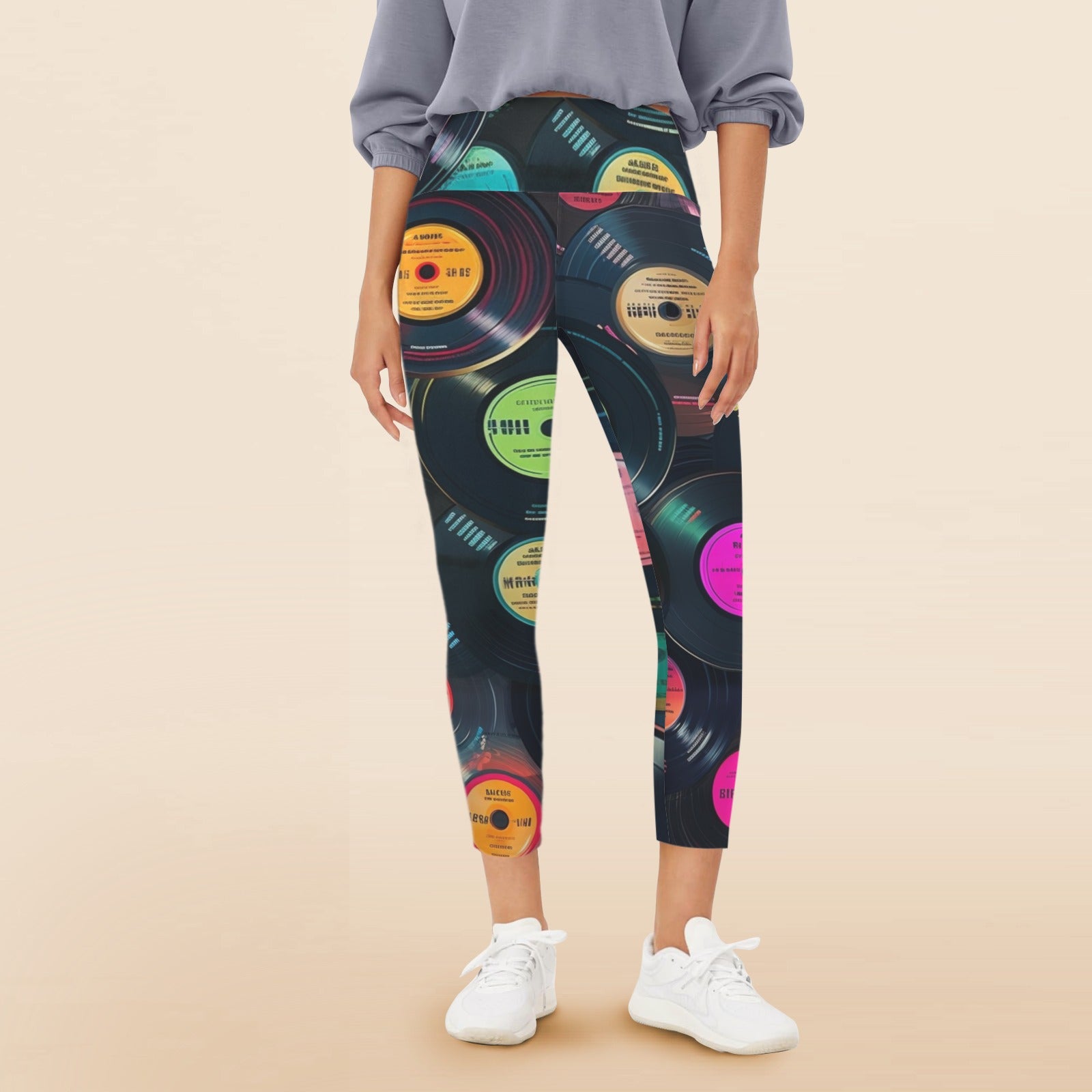 Retro Vinyl Records - Women's High Waist Pockets Yoga Leggings