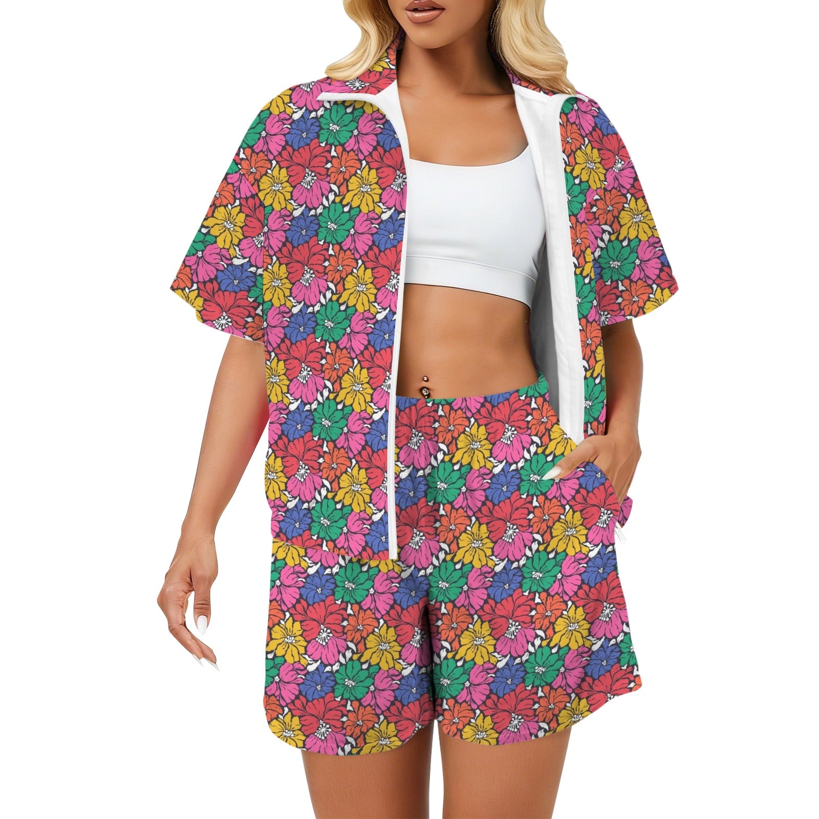 Bright And Bold Flowers Women's Windbreaker Short Set 2XL Women's Windbreaker Short Set Plants Printed Offshore