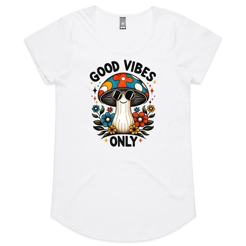 Good Vibes Only, Hippie Mushroom With Sunglasses Women's AS Colour Scoop Neck T-Shirt White Womens Scoop Neck T-shirt Positivity Printed In Australia Retro