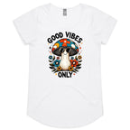 Good Vibes Only, Hippie Mushroom With Sunglasses Women's AS Colour Scoop Neck T-Shirt White Womens Scoop Neck T-shirt Positivity Printed In Australia Retro