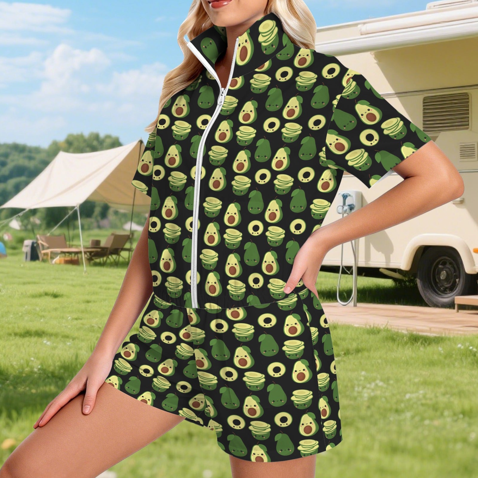 Cute Avocados Women's Windbreaker Short Set Women's Windbreaker Short Set Food Printed Offshore