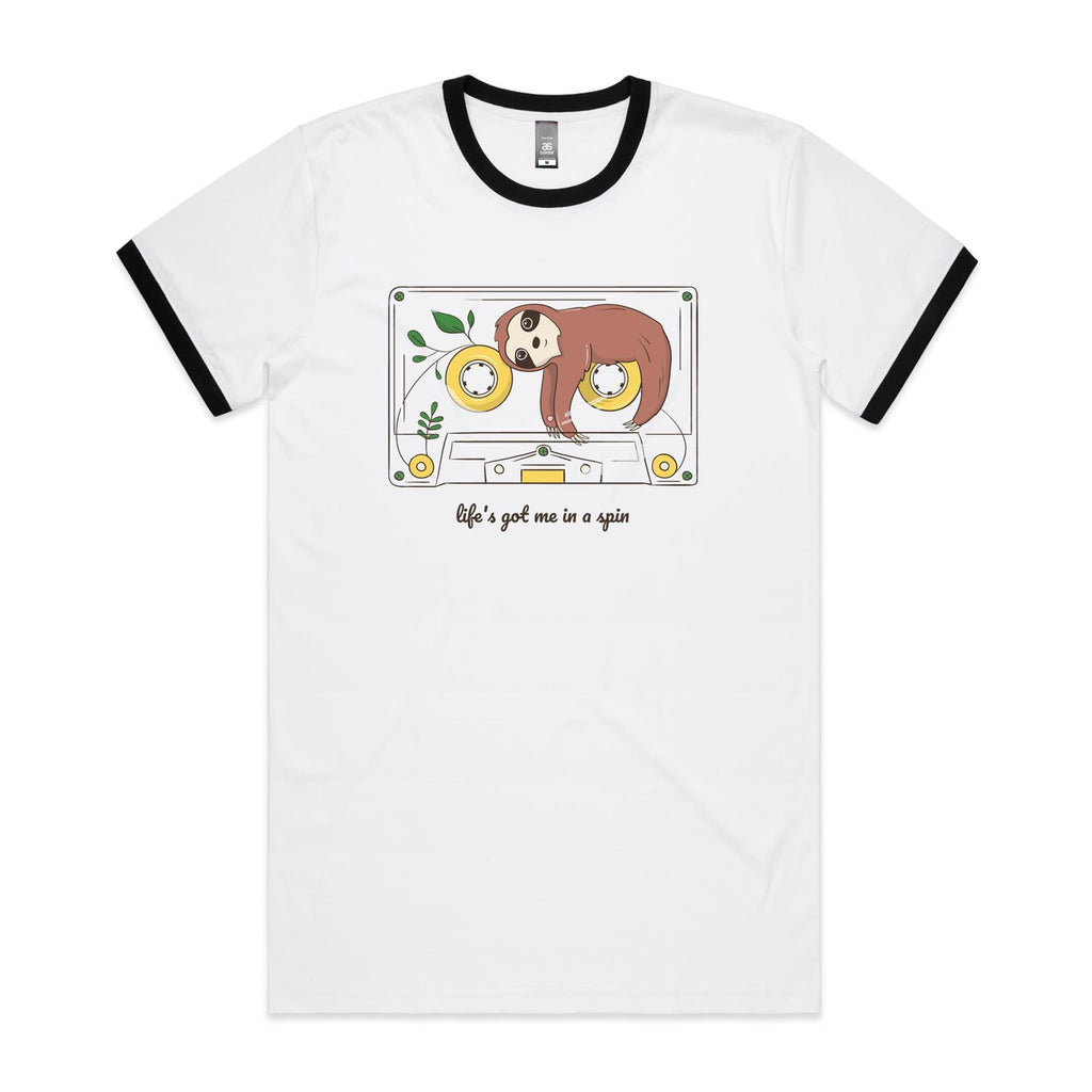 Life's Got Me In A Spin, Sloth, Cassette Tape - Staple Ringer Tee White Black Ringer T-Shirt animal Music Printed In Australia Retro