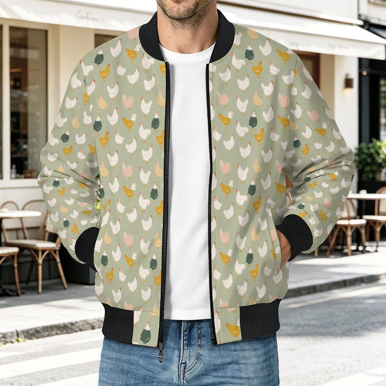 Chicken Life Men's Casual Zip‑Up Bomber Jacket