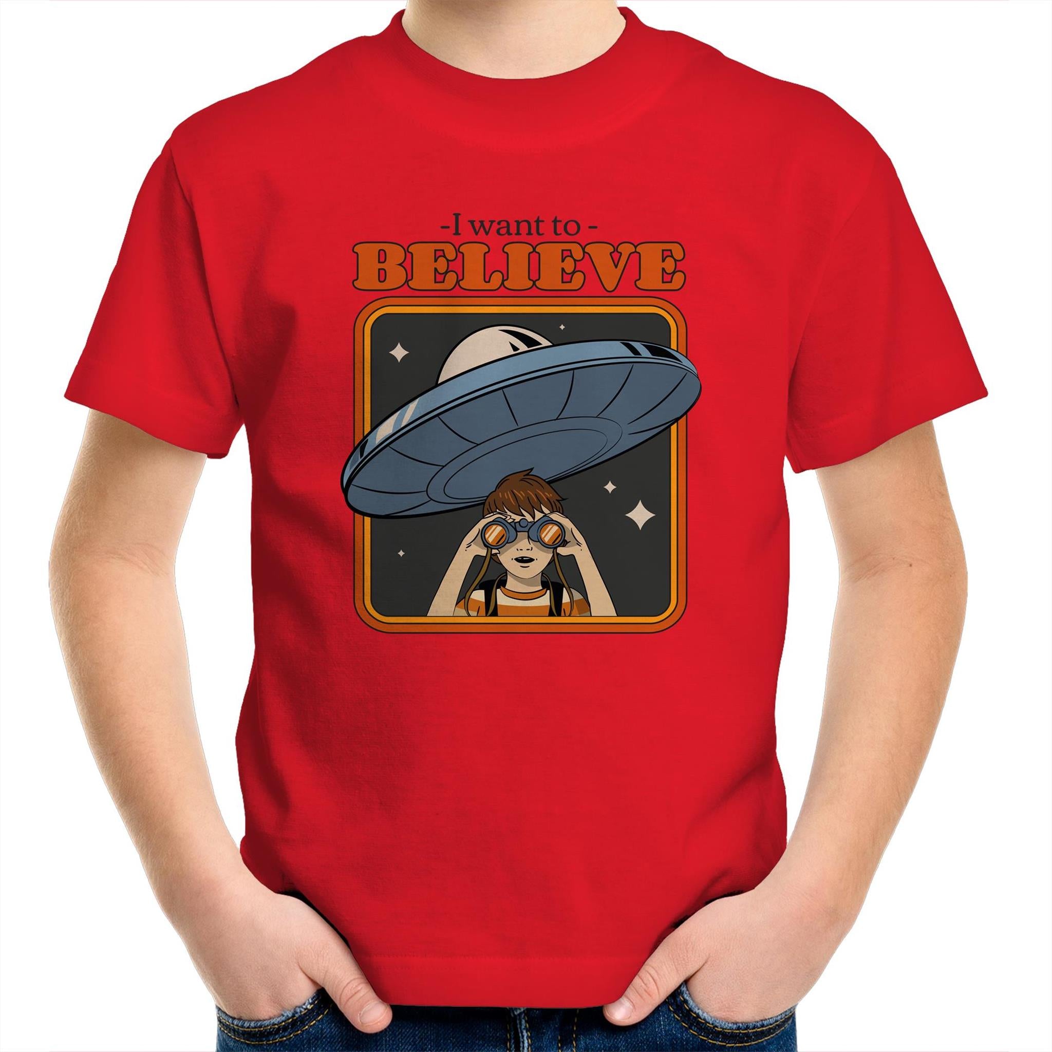 I Want To Believe, Alien UFO - Kids Youth T-Shirt Red Kids Youth T-shirt Printed In Australia Sci Fi