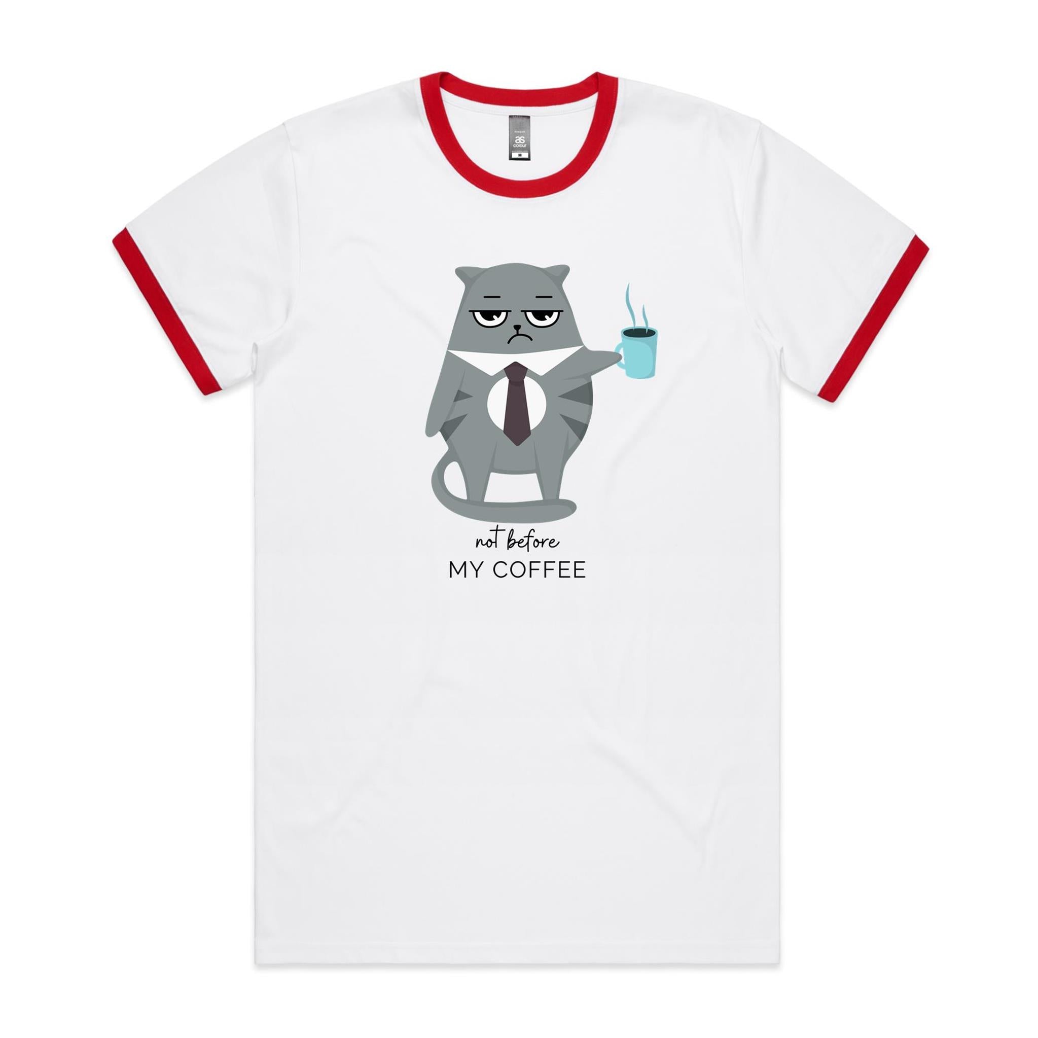 Not Before My Coffee, Cranky Cat - Staple Ringer Tee White Red Ringer T-Shirt animal Coffee Printed In Australia