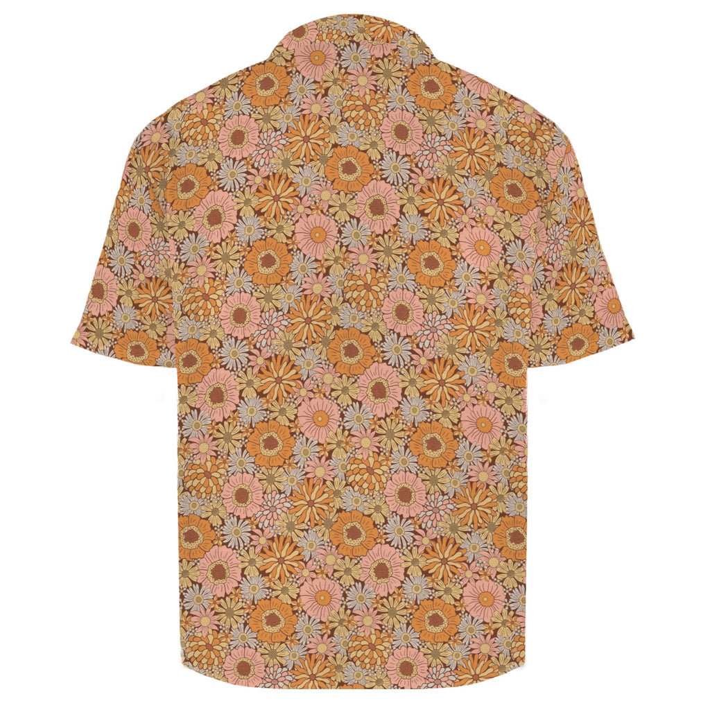 Orange Retro Floral Men's Crinkle Hawaiian Shirt