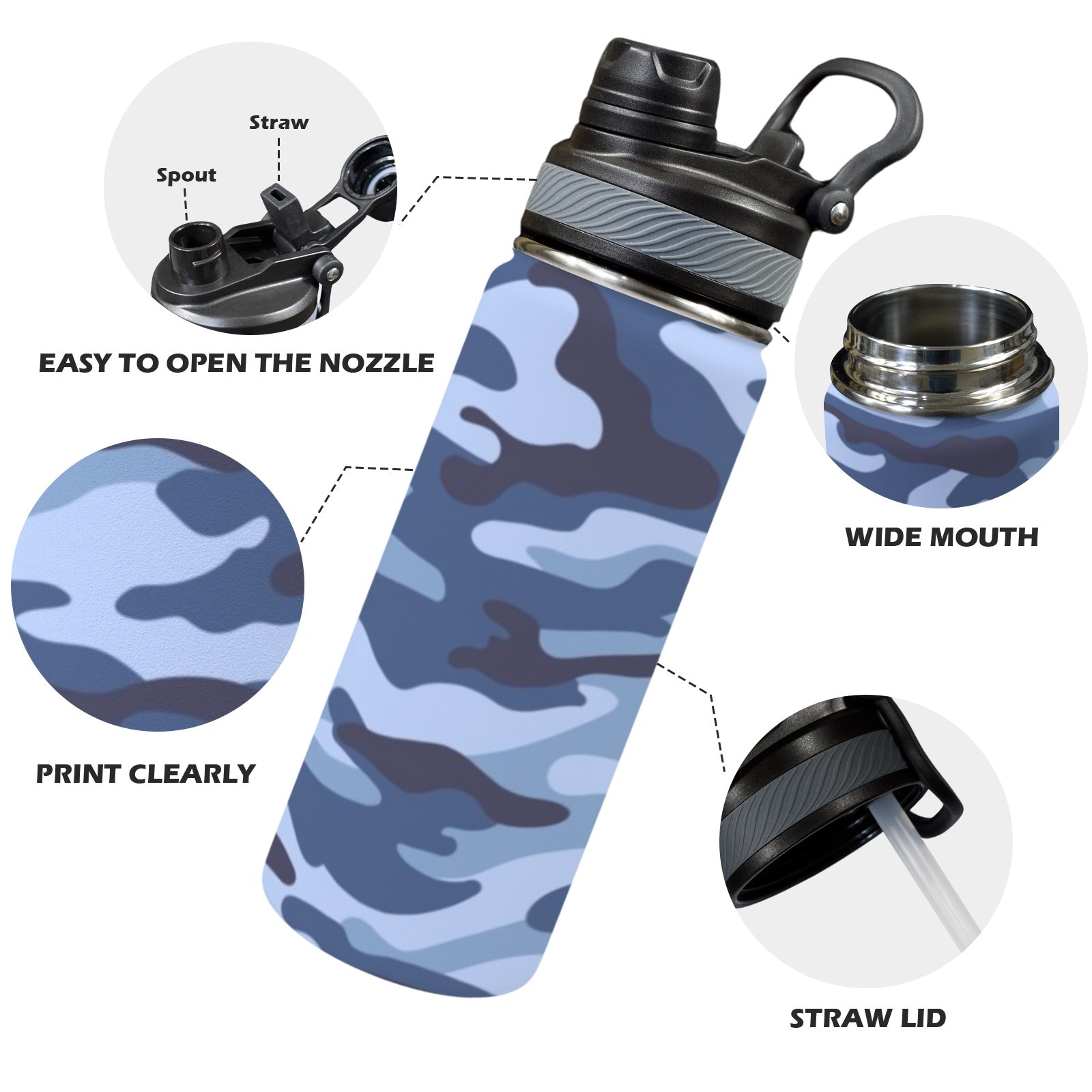 Blue Camouflage - Insulated Water Bottle with Dual-Use Lid (18oz) Insulated Water Bottle with Dual-Use Lid (18oz) Printed Offshore