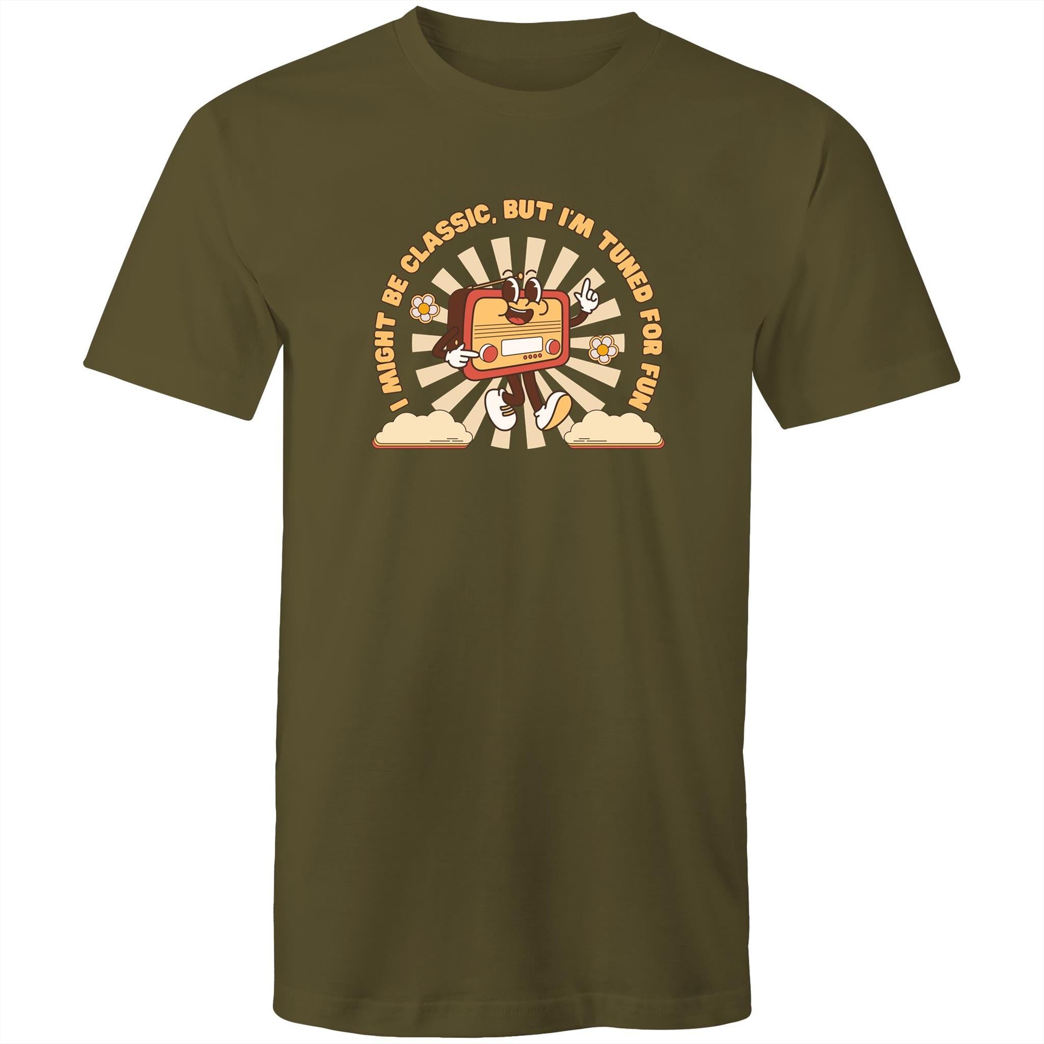 I Might Be Classic But Im Tuned For Fun, Old Radio - Mens T-Shirt Army Green Mens T-shirt Music Printed In Australia Retro