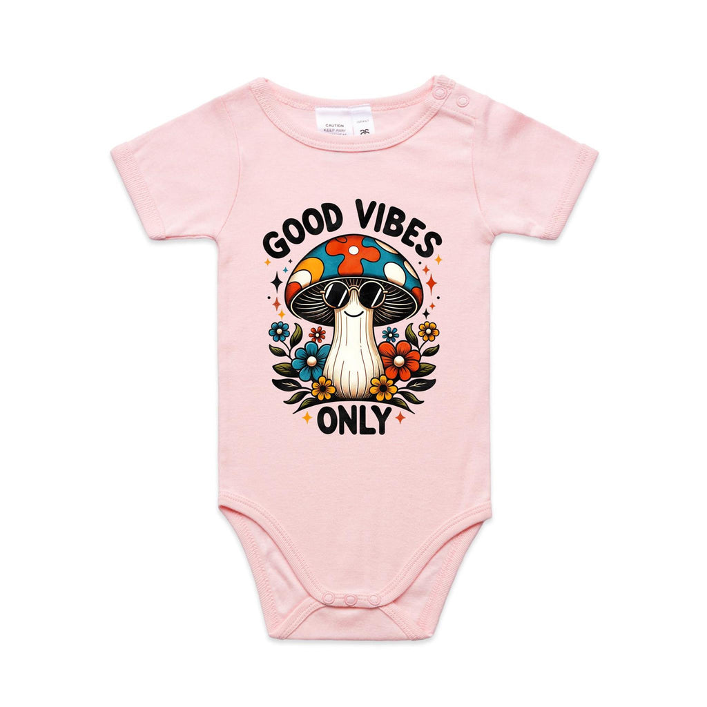 Good Vibes Only, Hippie Mushroom With Sunglasses - Baby Bodysuit